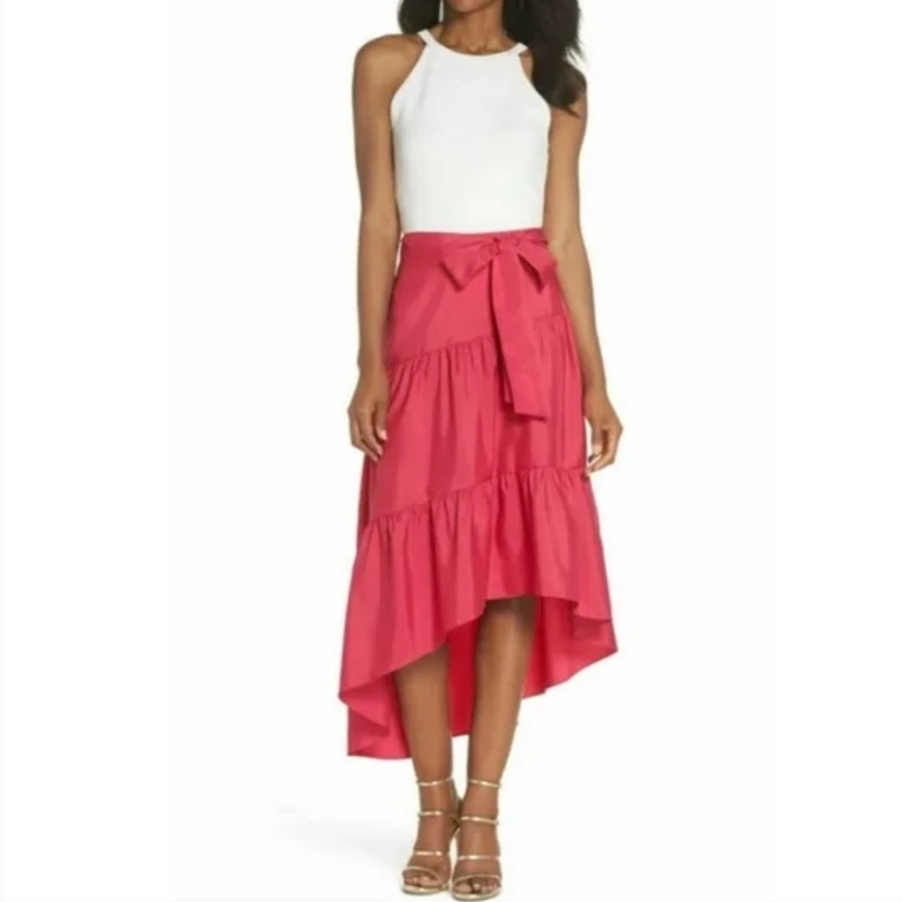 Eliza J Asymmetrical Ruffle Tie-Front Midi Skirt